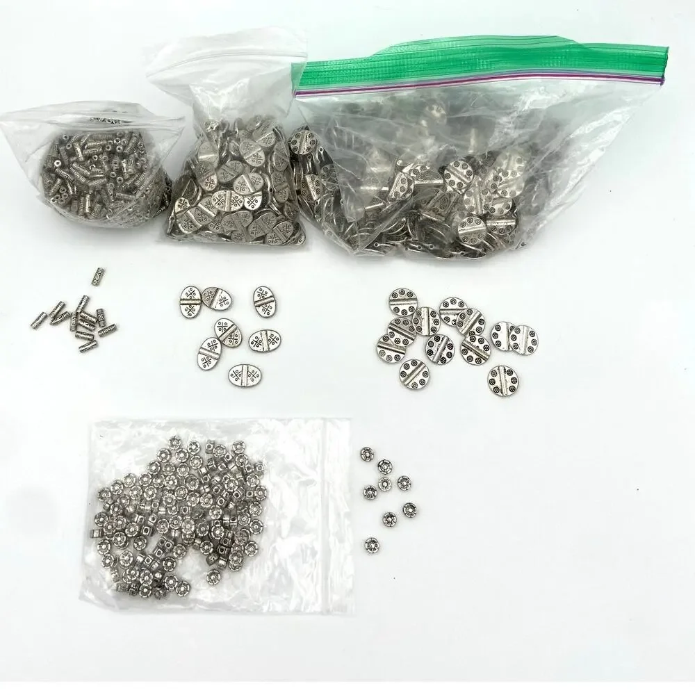 Silver Tone Beads for Jewelry Making Lot 2 lbs 5.4 oz Tube Oval Circle Flower